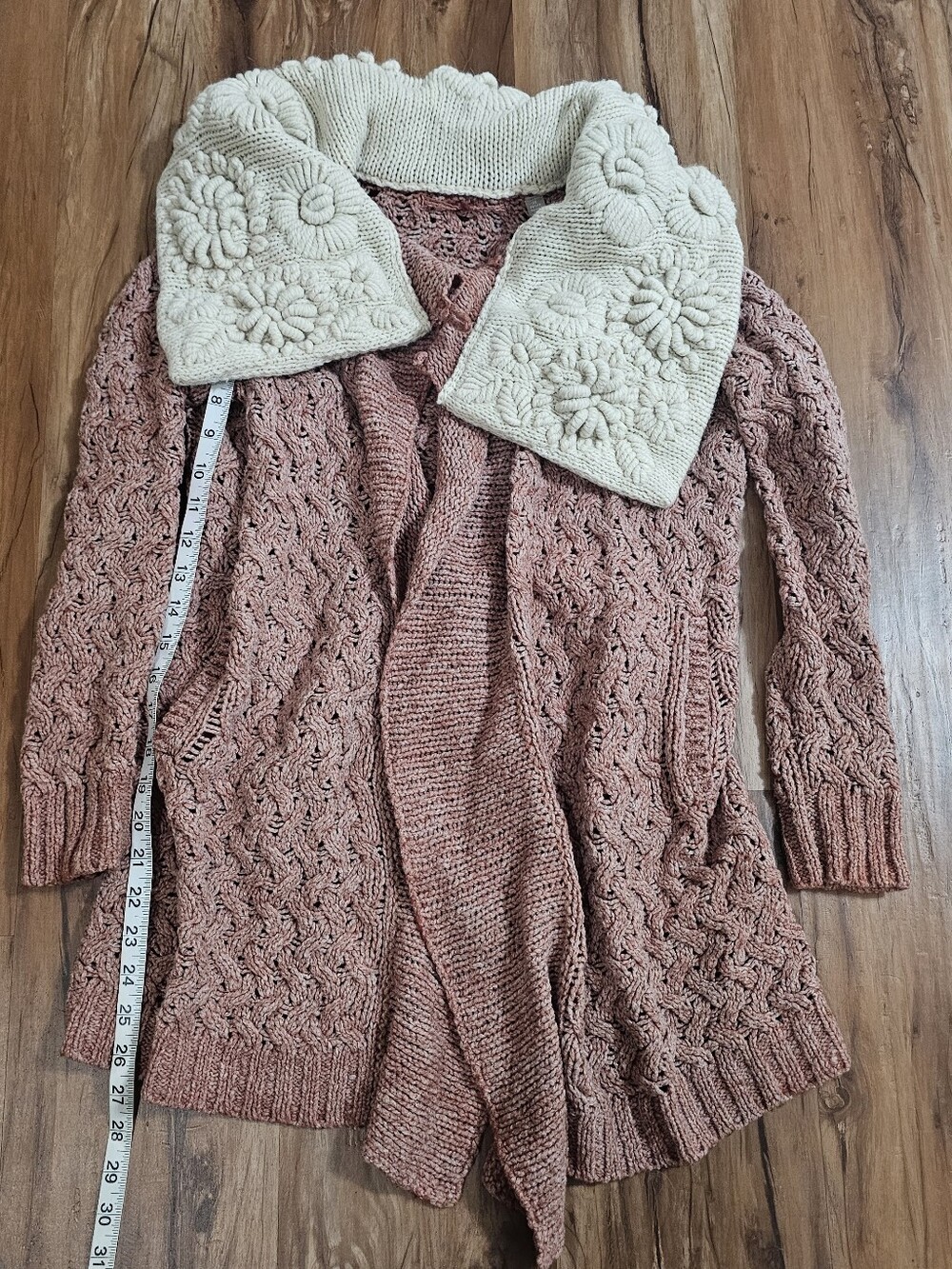Knitted & KnottedCozy Cable Knit Open Cardigan - Cream & Dusty Rose XS